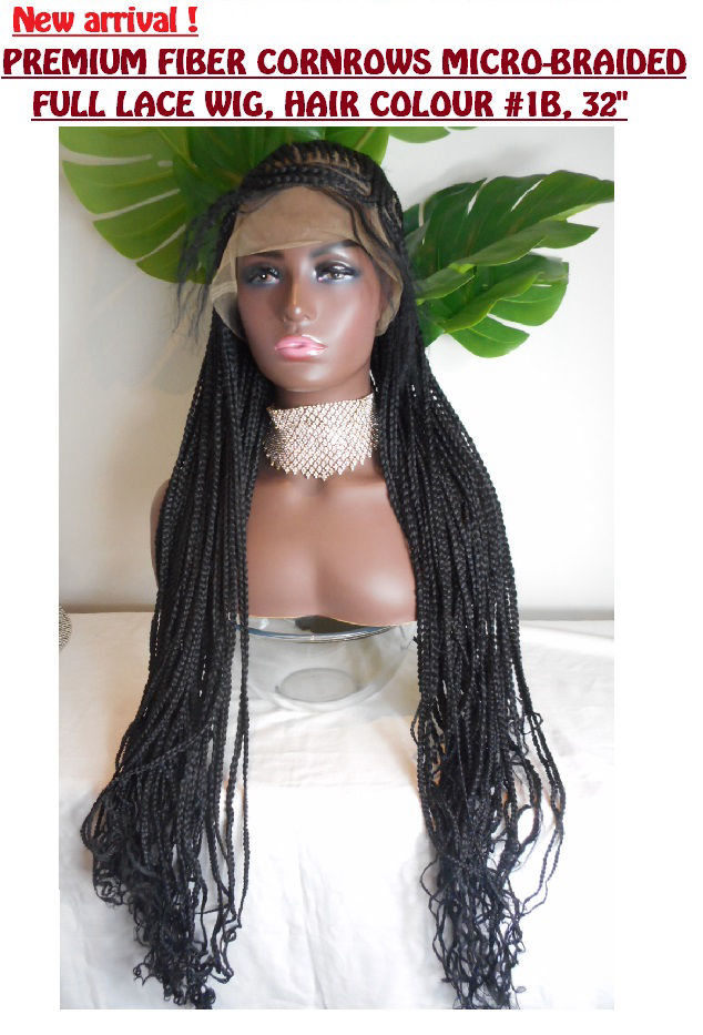 Premium fiber cornrows micro-braided full lace wig, hair colour#1b off black, 32 inches