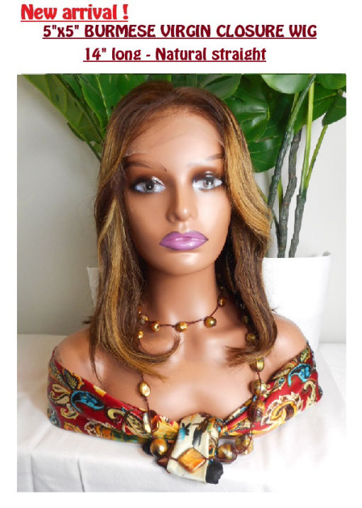 5x5 Burmese Virgin closure wig, 14 inches, hair colour 4/27 ( chestnut brown roots with honey blonde highlights)