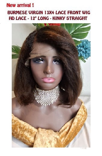 100% Burmese Virgin Lace front wig, 12 inches, kinky straight