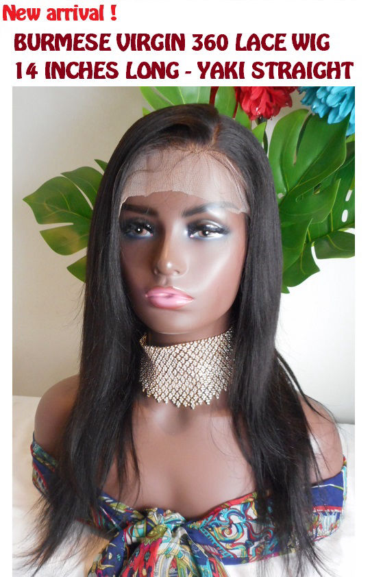 Burmese virgin 360 lace wig, 14 inches long, yaki straight