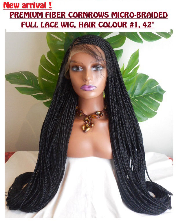Premium fiber full lace wig cornrows at the front  with micro braids, jet black, 42 inches long