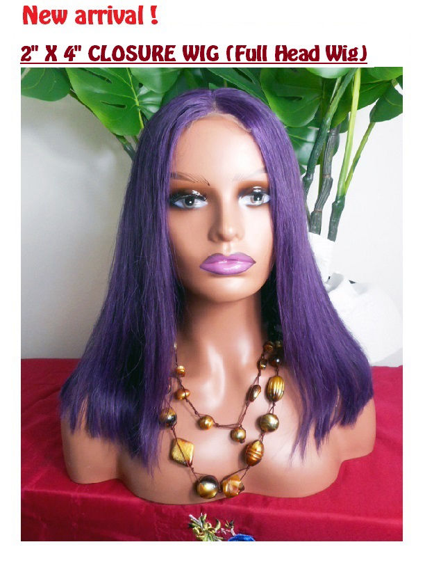 2 x 4 Burmese Virgin Closure Wig, 14 inches, purple hair