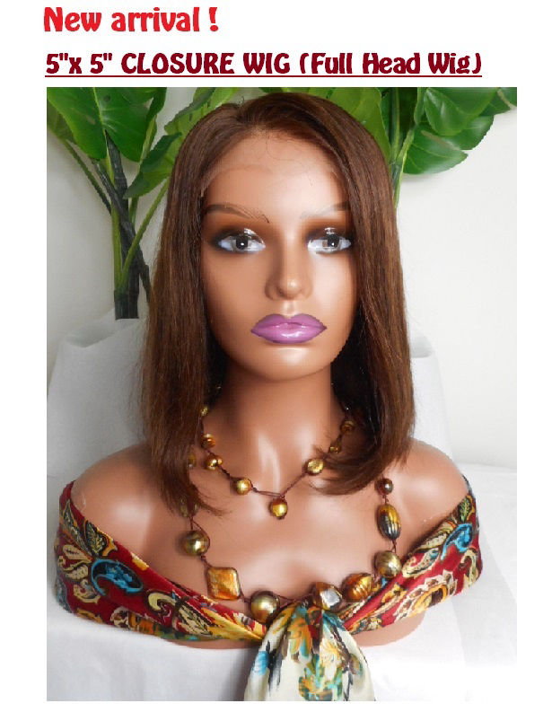 Burmese Remy lace closure wig (full head wig), 12 inches, hair colour #4, silky straight (bob hairstyle)